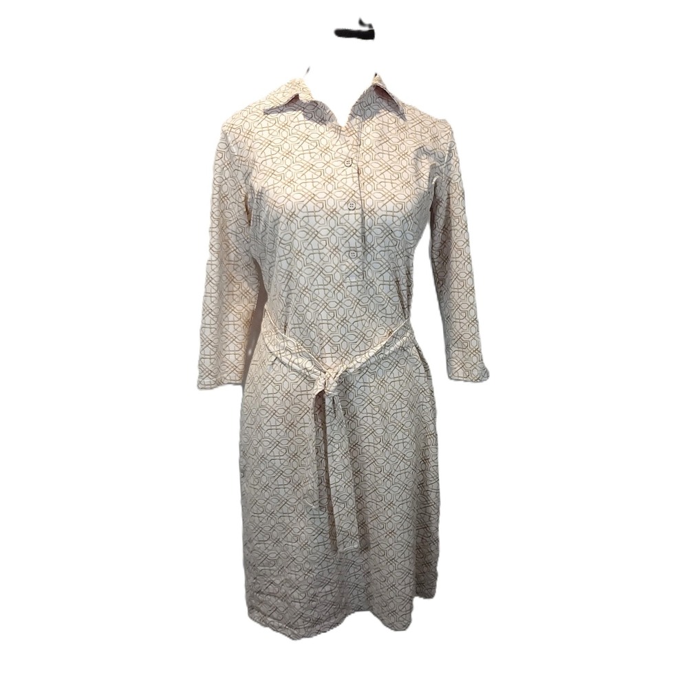 J. McLaughlin Geometric Print Belted Shirt Dress 3/4 Sleeve Size Small Tan/White